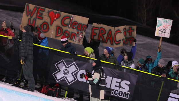 fracking protest sign at X games