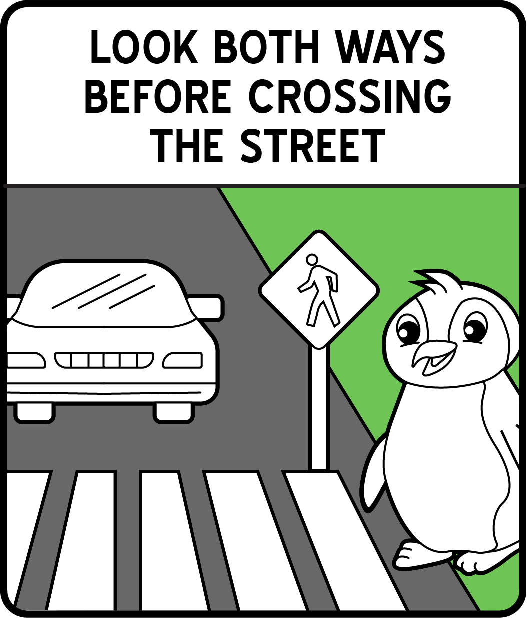 A cartoon penguin about to cross the street while a car is coming.