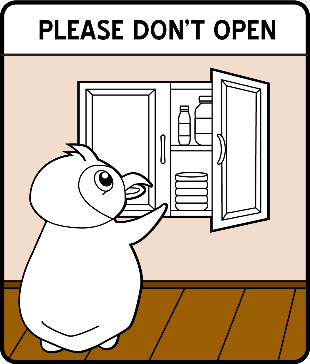 A safety sign coloring page of a cartoon penguin opening a cabinet.