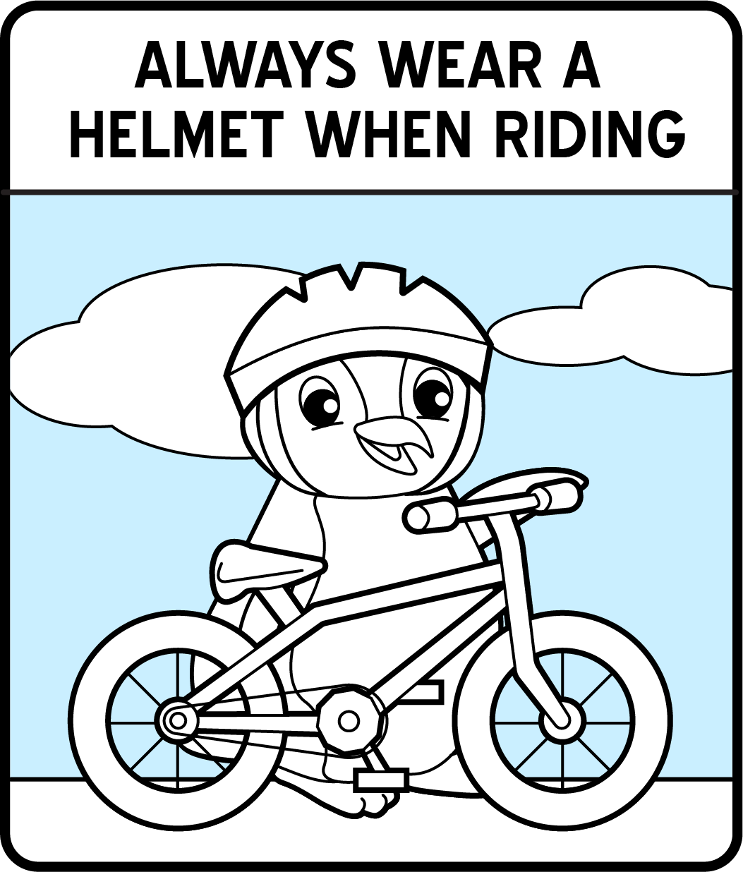 A cartoon penguin wearing a helmet and holding a bike.